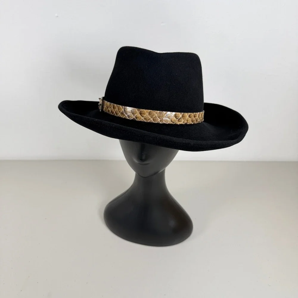 Eric Javits Black Felt Fedora Hat Genuine Python Band Buckle - Picture 2 of 9